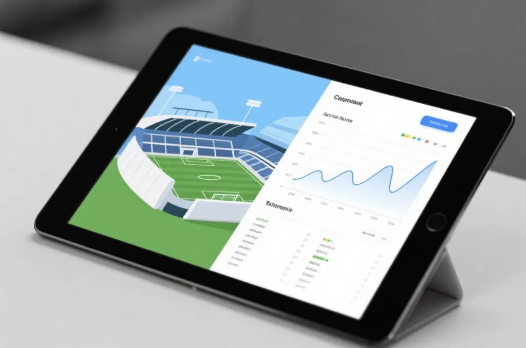 An unbranded tablet showing a split-screen interface with a generic soccer stadium illustration on one side and clean statistical line charts on the other, professional setup
